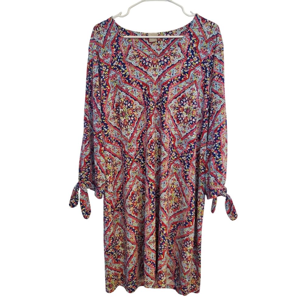 Chico’s Medallion Shift Dress Tie Sleeves Stretchy No Iron Women’s Sz 3 16-18‎